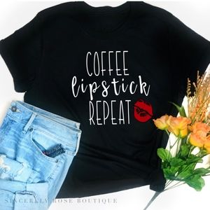 Coffee Lipstick Repeat | Black T-Shirt